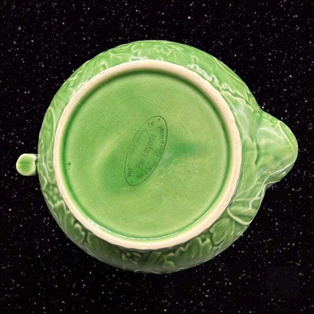 Vintage Pier 1 Imports Handpainted Green Cabbage Teapot Portugal 6”W 9”T‎